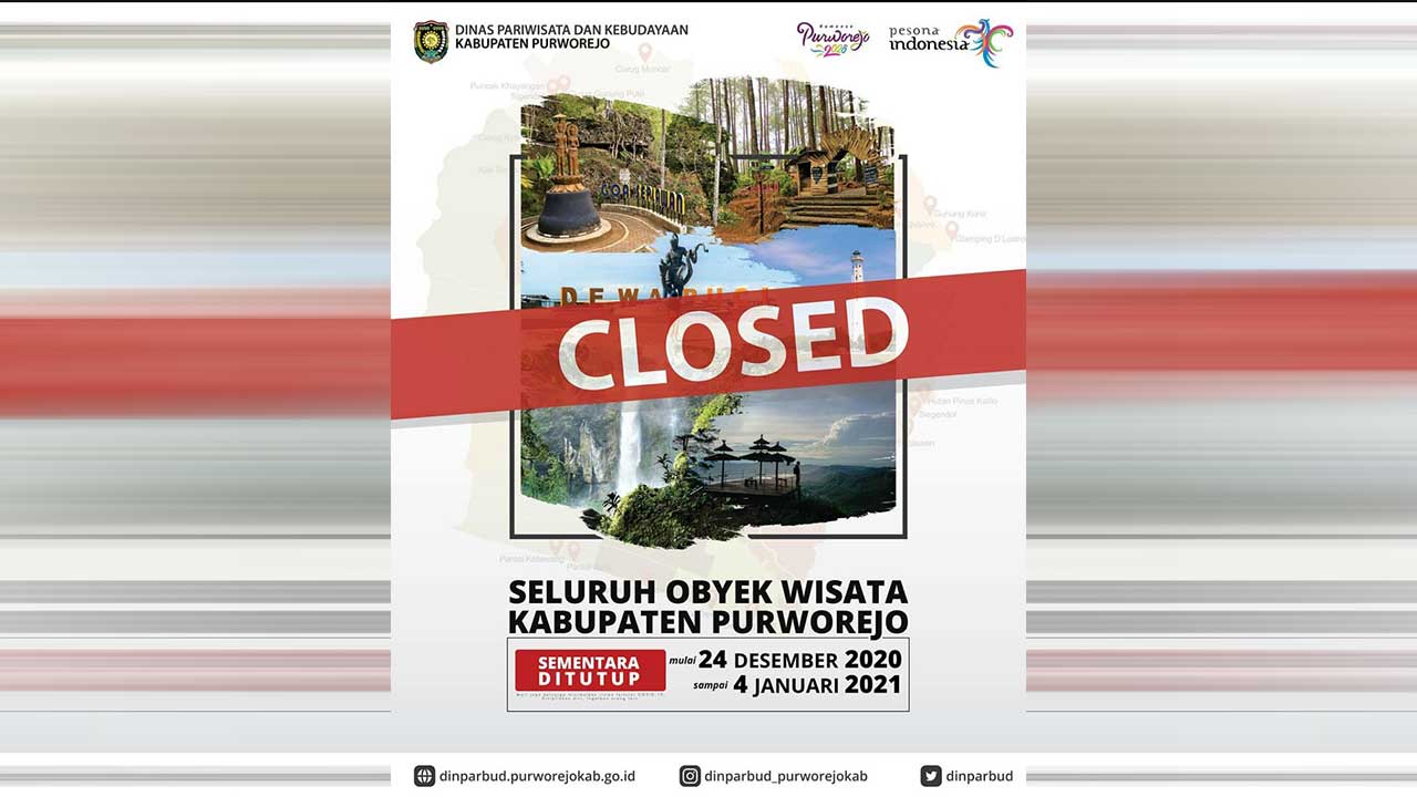 Pemkab Purworejo melakukan penutupan obyek wisata pada liburan Natal dan Tahun-Baru 2020.