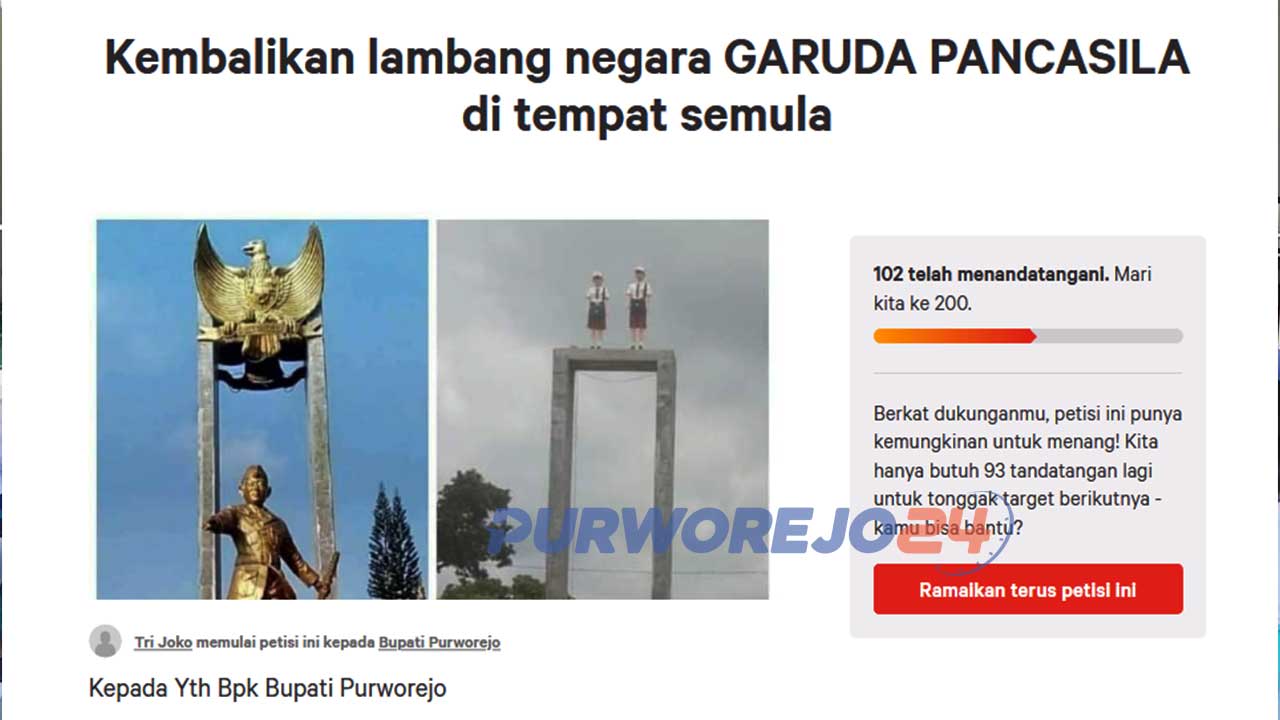 Petisi pemolakan penggantian patung di Monumen Perjuangan Purworejo di laman Change.org