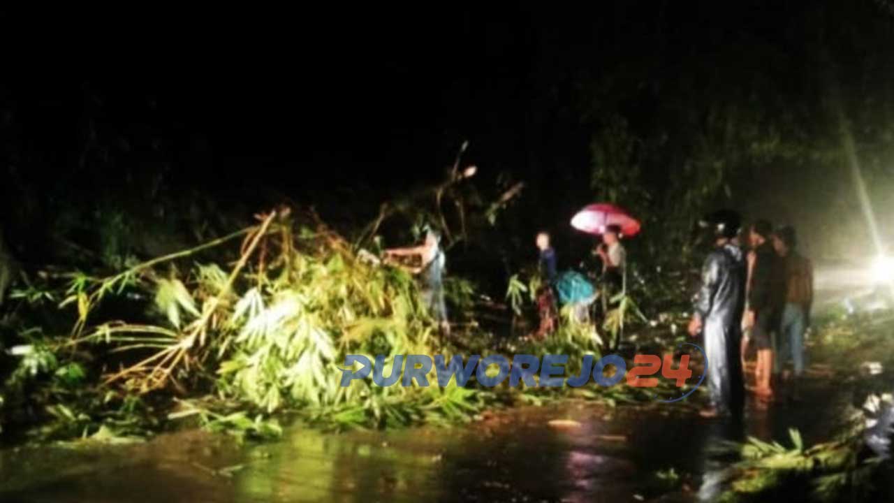 Pohon tumbang dan tanah longsor menyebkan jalan Purworjeo-Magelang putus total.