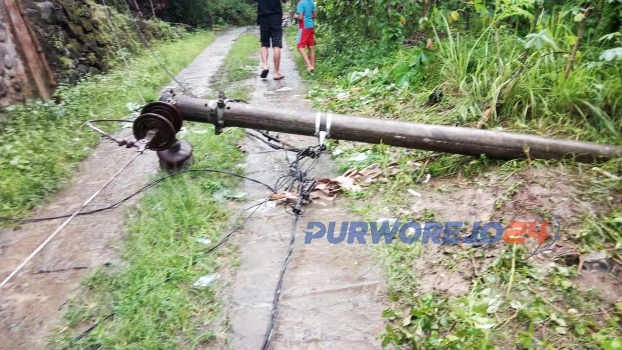 Hujan disertai angin kencang menyebabkan sejumlah tiang listrik dan kabel PLN di Desa Purbayan, Kemiri putus tertimpa material longsoran dan tertimpa pohon.