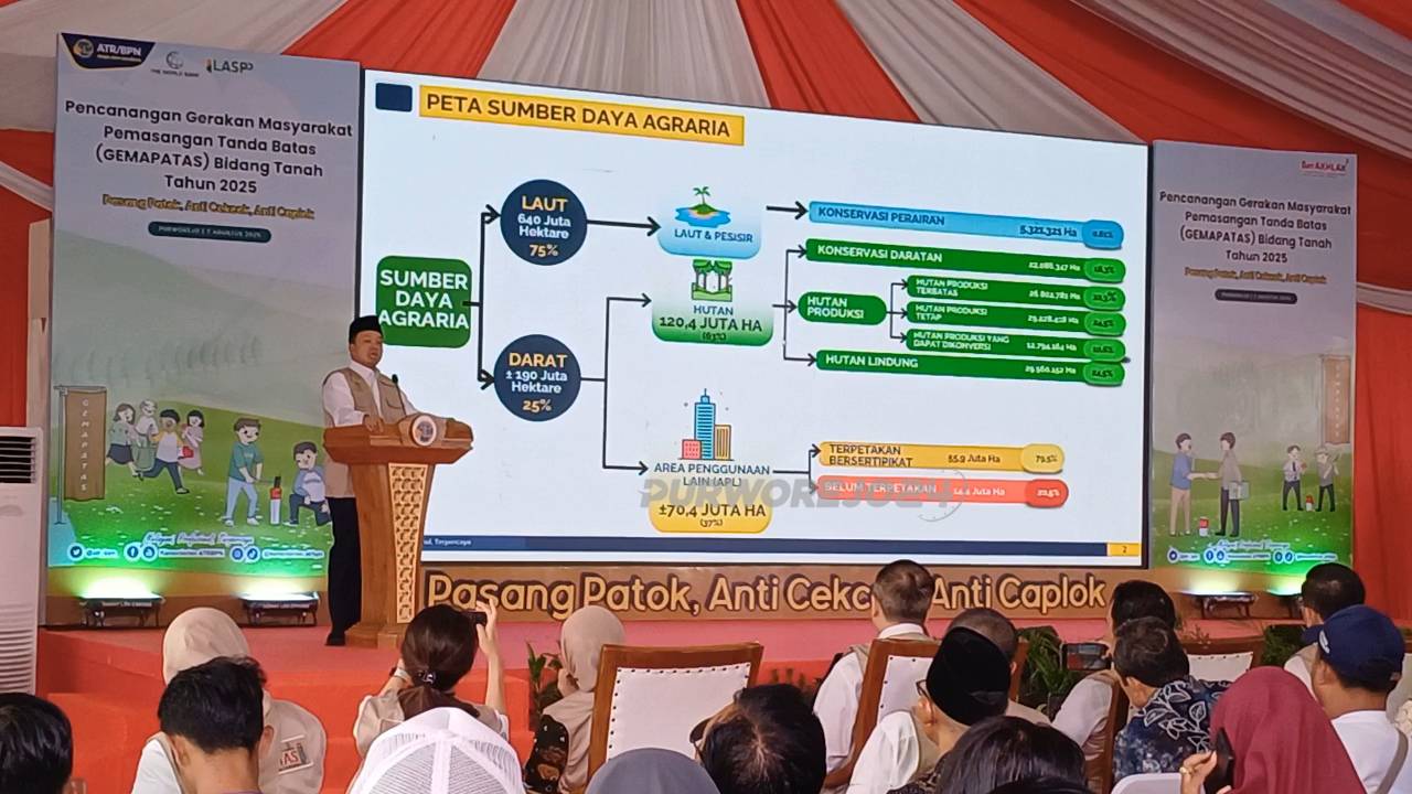 Menteri ATR/BPN Nusron Wahid dalam sambutannya saat kegiatan pencanangan Gerakan Bersama Pemasangan Tanda Batas (Gemapatas) 2025 di Kabupaten Purworejo, pada Kamis (7/8/2025)