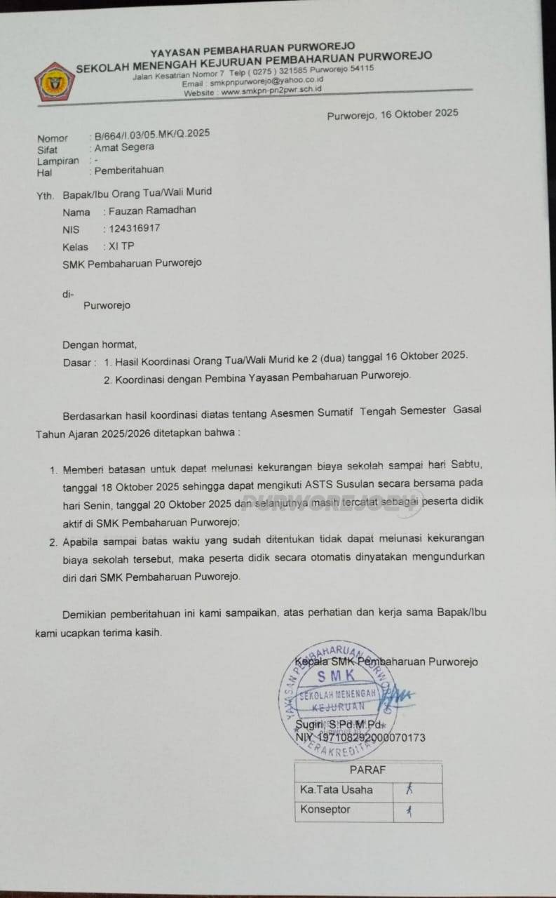 Surat permintaan pelunasan pembayaran sekolah