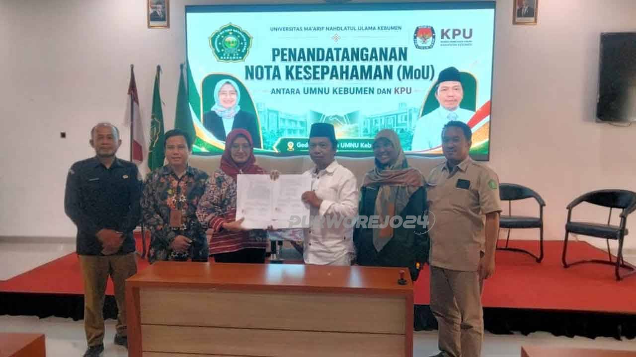 penandatanganan Memorandum of Understanding (MoU) dengan Komisi Pemilihan Umum (KPU) Kabupaten Kebumen yang berlangsung di Aula Aswaja UMNU Kebumen, Rabu (10/6/2026).