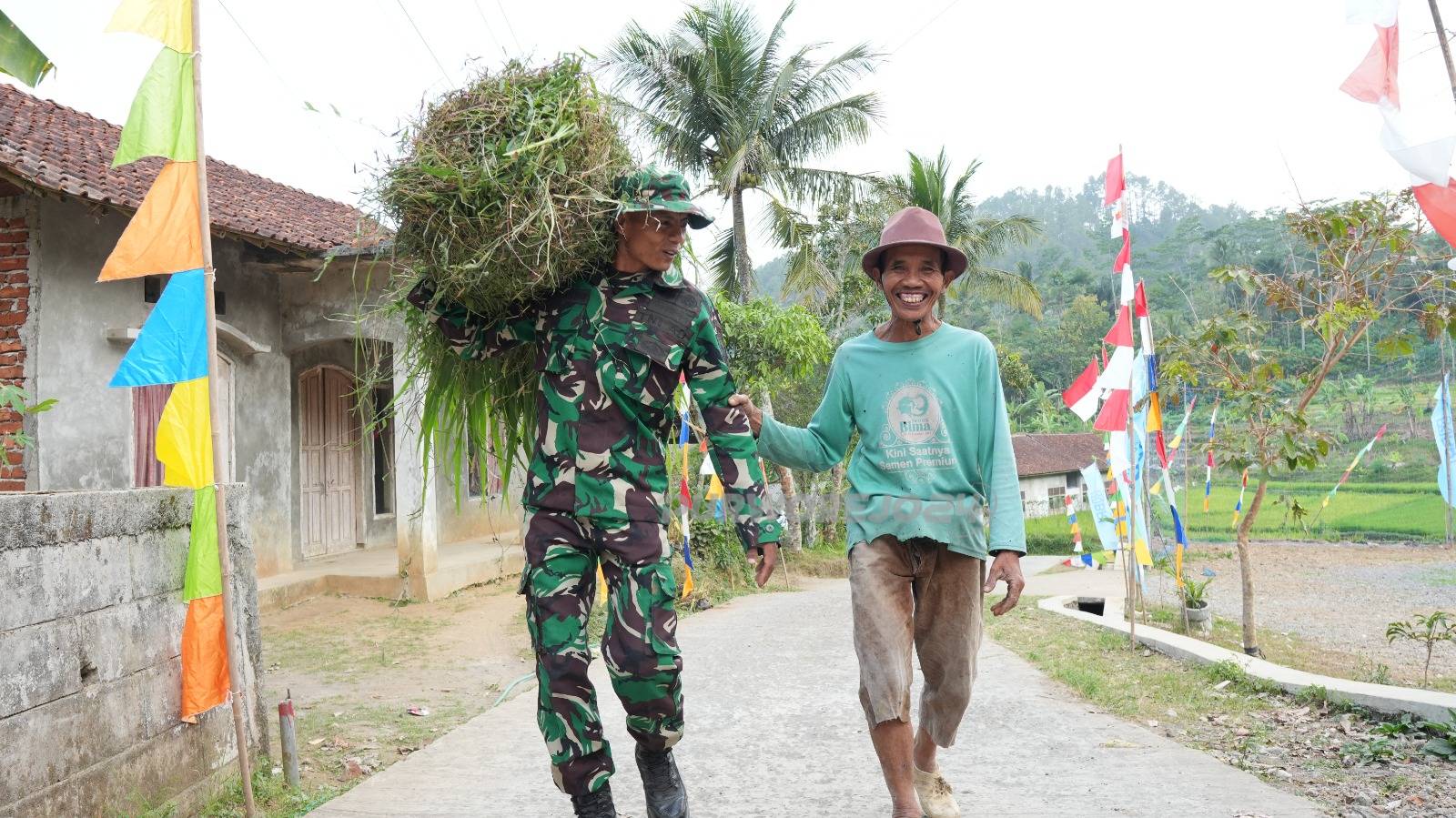 TNI membantu warga membawa rumput